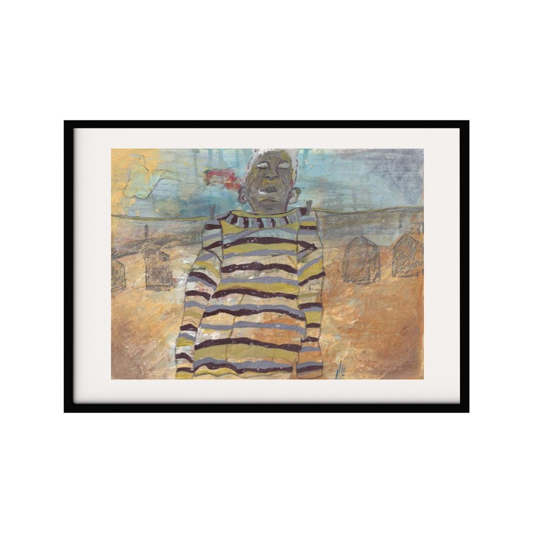 This painting features a man in a striped sweater standing against a muted landscape. The use of subtle textures in the background creates a sense of calm and nostalgia. The man's expression adds depth to the art, inviting viewers to ponder its story.