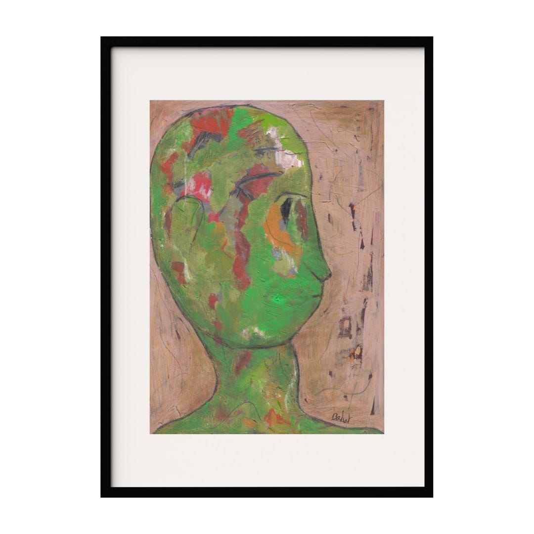 This artwork presents an abstract portrait of a head, rendered in vibrant green and accented with patches of red and other colors. The background features subtle textures and lines that complement the abstract nature of the piece, adding depth.