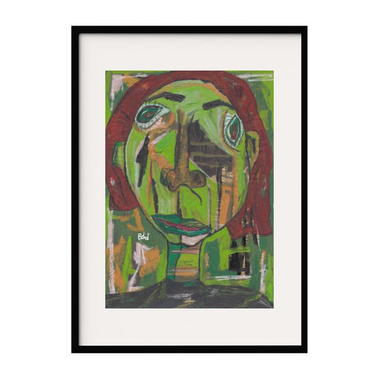 This artwork features a large, expressive face with vibrant green skin and contrasting red hair. The eyes are prominent and wide, exuding a sense of curiosity and intensity. The background consists of various green shades with abstract shapes.