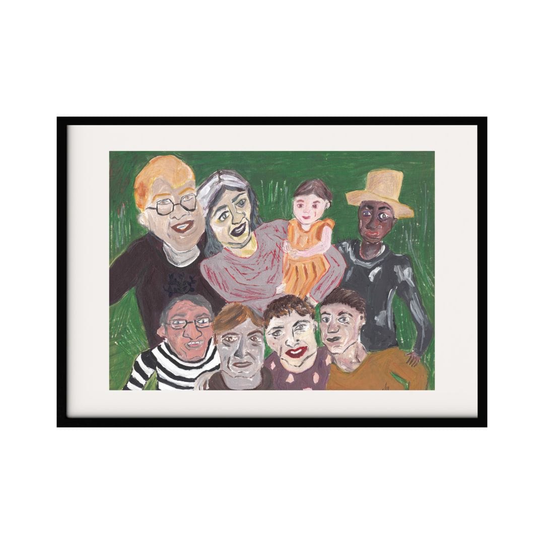 A vibrant and lively abstract painting showcasing a diverse group of people, each with distinct features and expressions, against a rich green background. The warm and inviting composition evokes a sense of community and togetherness.