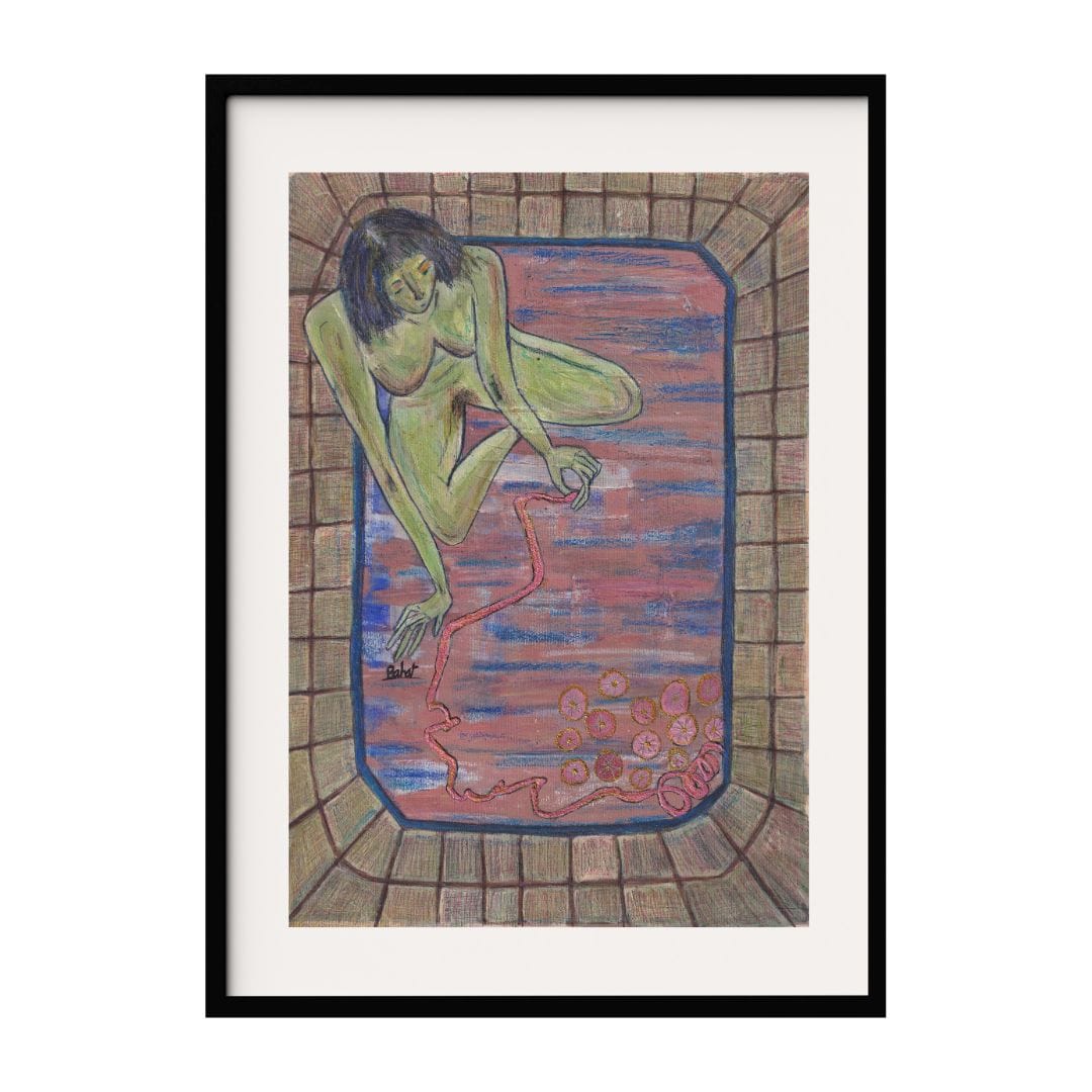 An abstract artwork depicting a naked woman in a reflective pose within a tiled room. The serene figure, bathed in shades of green interacts with a red thread and flowers on a textured blue and red surface, evoking a sense of introspection.