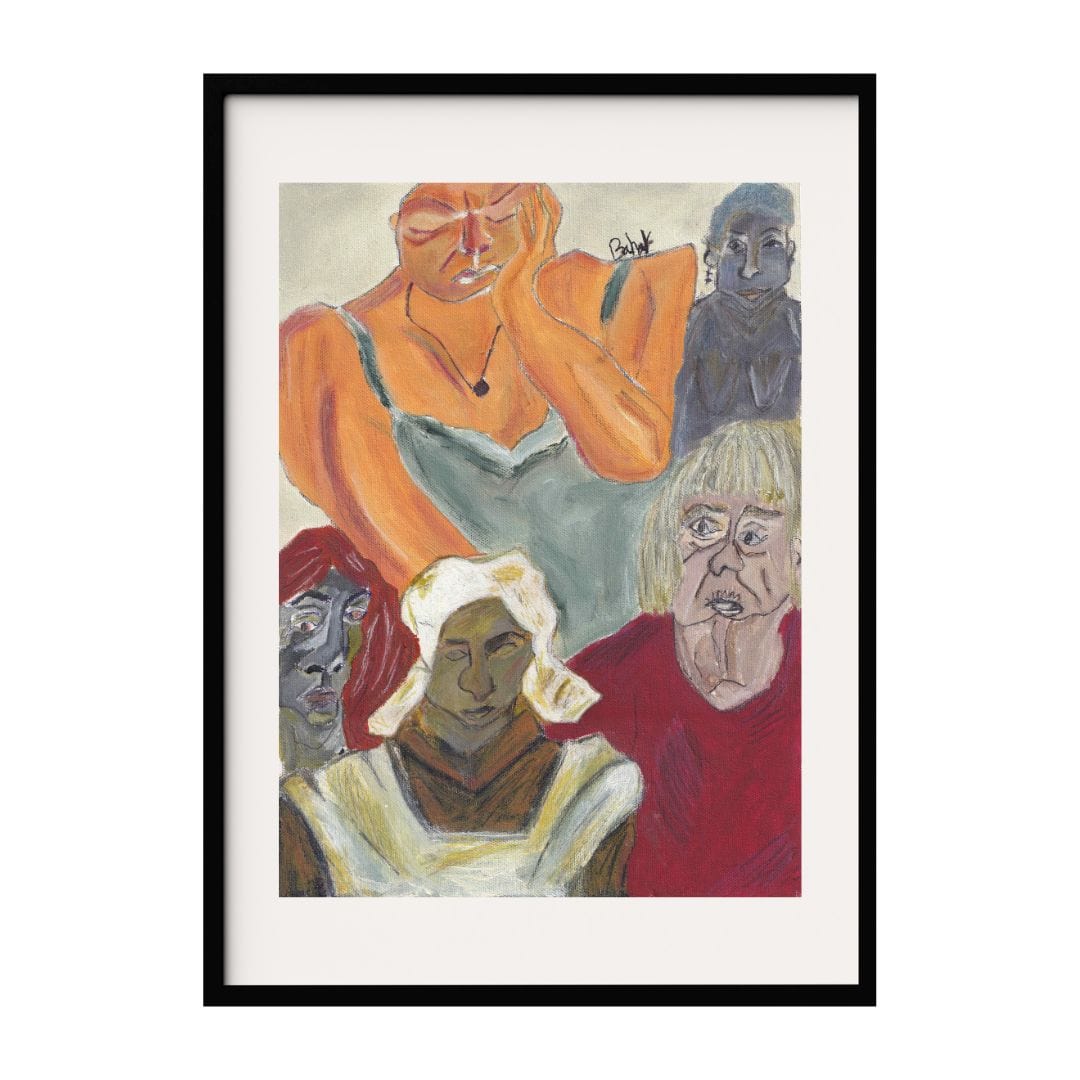 This artwork depicts a group of expressive figures, each with distinct emotions. The bold use of color and textured brushstrokes adds depth and character to the scene. This expressionist piece captures the complexity of human interaction and emotion.