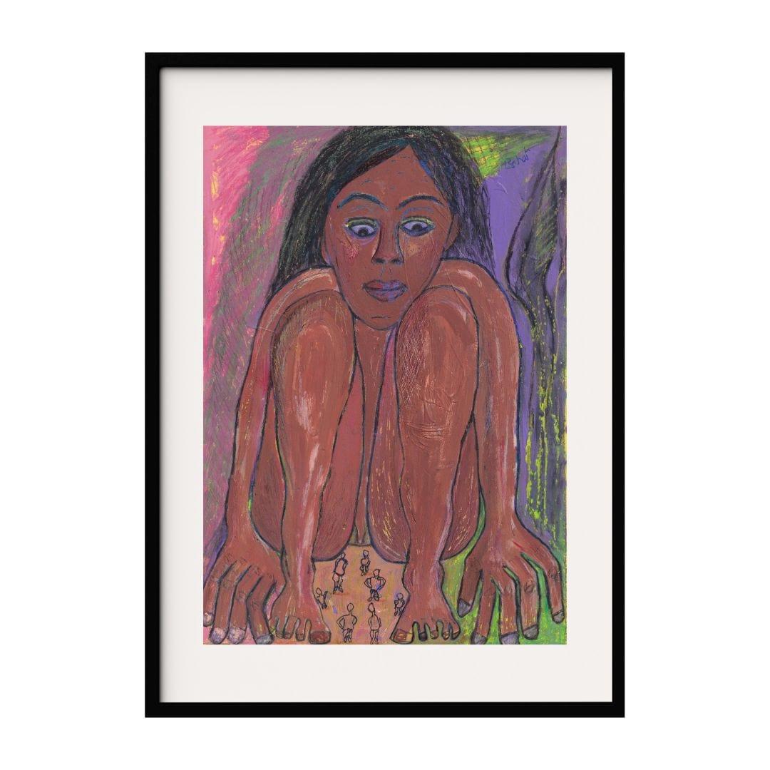 An abstract painting of a woman in a contemplative pose, rendered with bold colors. The vivid background contrasts with the earthy tones of the figure, creating a sense of depth and emotion that draws the viewer into her introspective world.