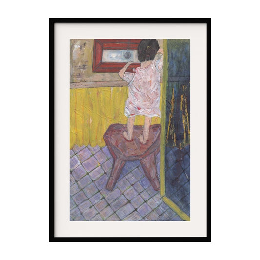 A mixed media depicting a child standing on a chair. The textured floor and vibrant yellow curtain contrast with the child&#39;s delicate pink dress, creating a scene of curiosity and wonder, perfect for adding depth to any modern decor.