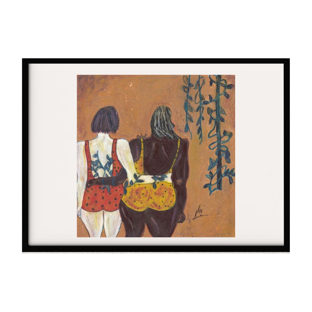 This abstract artwork captures the back view of two women in brightly colored swimsuits, one with a polka-dot pattern and the other with a floral design. They stand close together, conveying a sense of camaraderie, with vines hanging down.