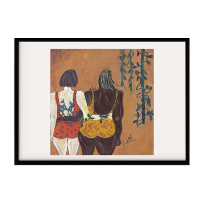 This abstract artwork captures the back view of two women in brightly colored swimsuits, one with a polka-dot pattern and the other with a floral design. They stand close together, conveying a sense of camaraderie, with vines hanging down.