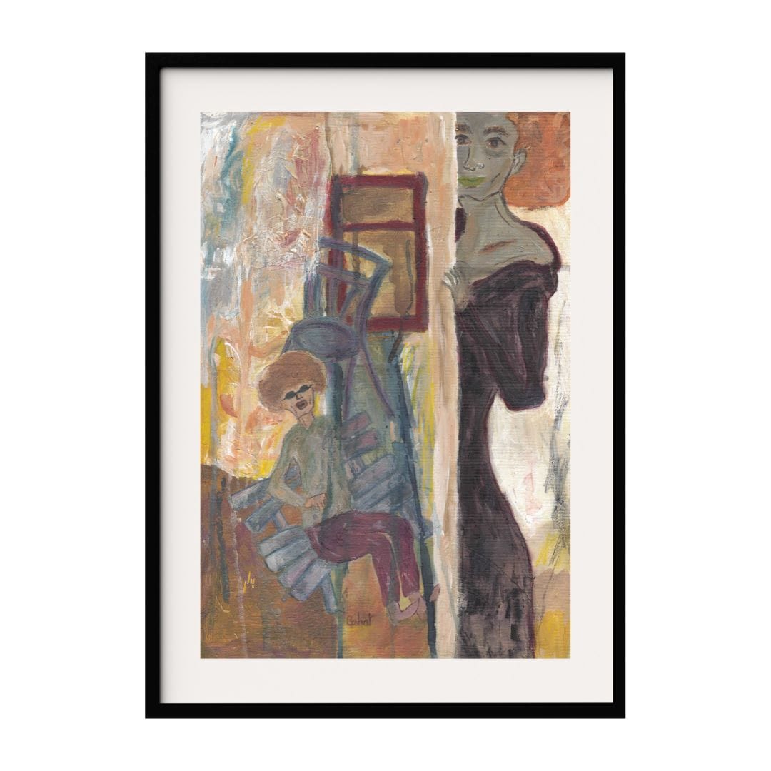 An abstract expressionism artwork capturing a moment of contemplation and elegance. This mixed media piece features a person perched on a stack of chairs, lost in thought, juxtaposed with a poised woman in a dark dress.