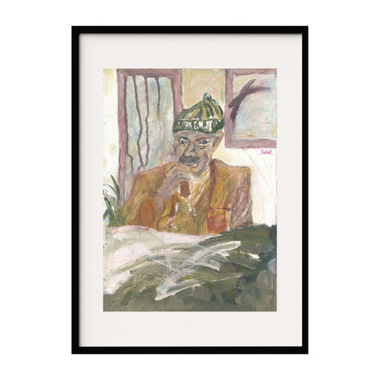 A mixed media artwork featuring an elderly figure deep in thought, wearing a patterned hat, set against a textured, layered background. The soft color palette and intricate details of the figure’s expression convey a sense of wisdom and introspection