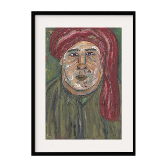 This portrait features a man with a large, red headscarf and a somber expression. The background is painted in muted green tones. The use of bold brushstrokes and a rich color palette emphasizes the emotional intensity and character of the figure.