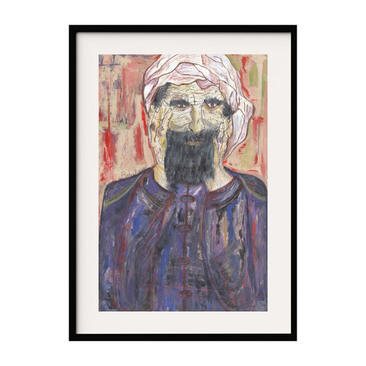 This painting features an elderly figure with a black beard and a white turban wearing a blue robe. The background is filled with abstract red and beige brushstrokes. The detailed expression on the man's face conveys a mix of wisdom and contemplation.