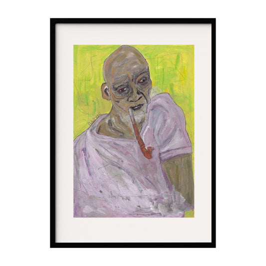 This abstract artwork portrays a contemplative bald man smoking a pipe. The bold use of green and yellow in the background contrasts with the muted tones of the man, creating a vivid composition. The texture of the brushstrokes add depth to the piece