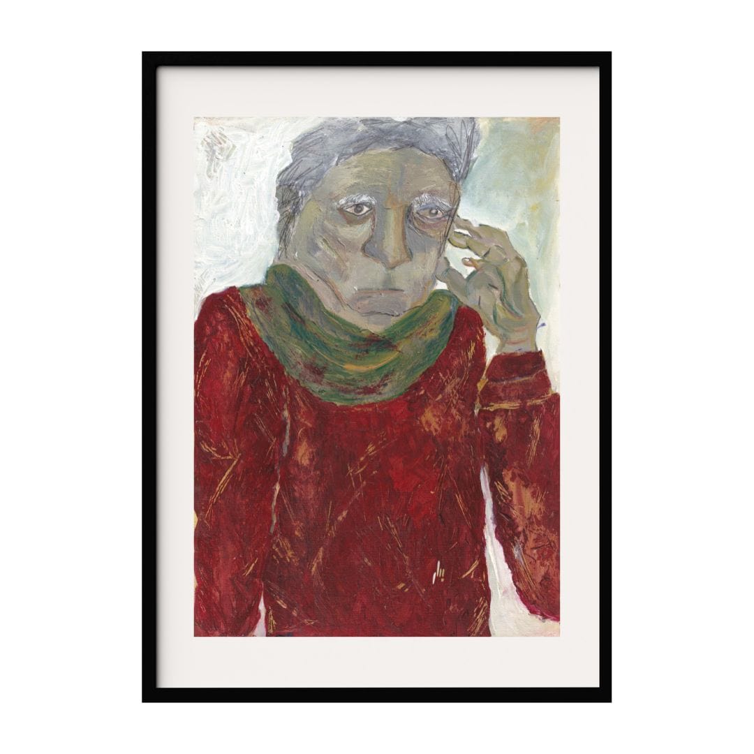 An introspective portrait of a contemplative man with scarf, captured in rich earthy tones. The man's expression and posture convey deep thought and reflection, while the use of abstract textured brushstrokes adds depth and emotion to the artwork.