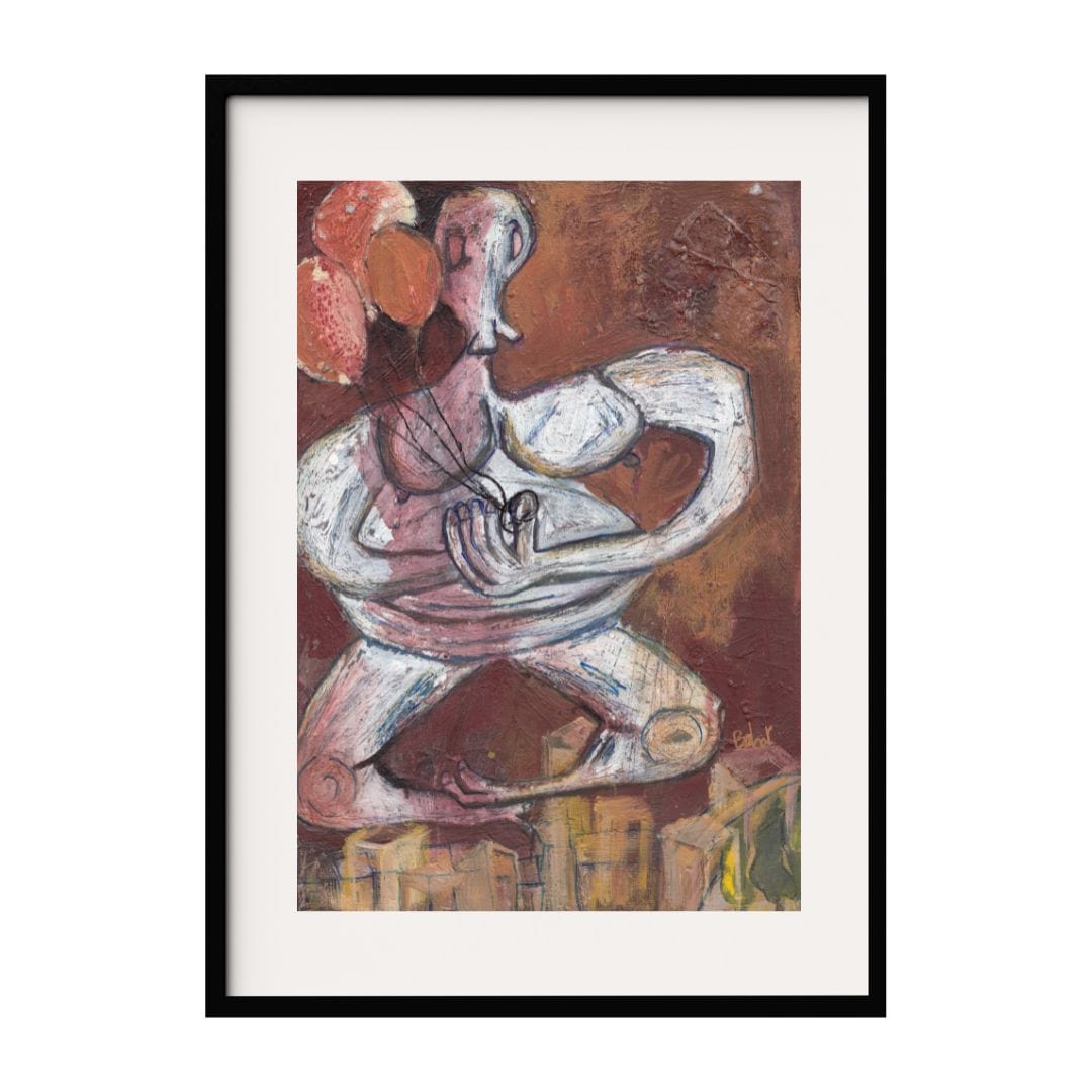 This abstract painting depicts a figure in a dynamic pose, clutching a bouquet of balloons. The background is rich with earthy tones, and the figure's form is accentuated with lines and textured details. The composition captures a sense of movement.