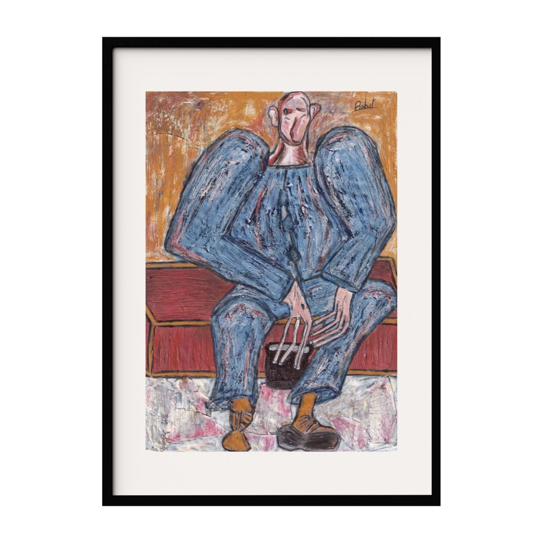 A surreal contemplative abstract man sits with exaggerated features and a hunched posture. The muted color palette of blues and earth tones creates a melancholic yet reflective mood, emphasizing the man's thoughtful expression and intricate detailing.