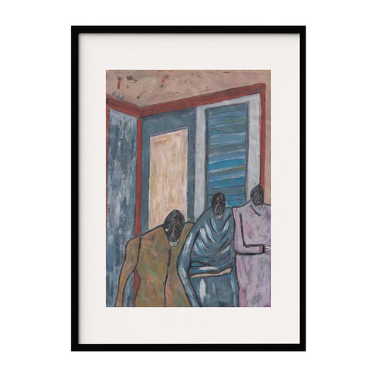 This Neo-expressionism artwork features three figures with lowered heads, draped in shawls, against a backdrop of abstract, geometric shapes and muted colors. The contrasting hues and contemplative poses evoke a sense of melancholy and introspection.