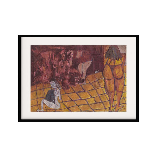 This expressionist artwork captures an intimate scene with a focus on the human form. The warm, earthy tones and textured brushstrokes create a sense of depth. The figures, depicted in various poses, evoke a sense of vulnerability and raw emotion.