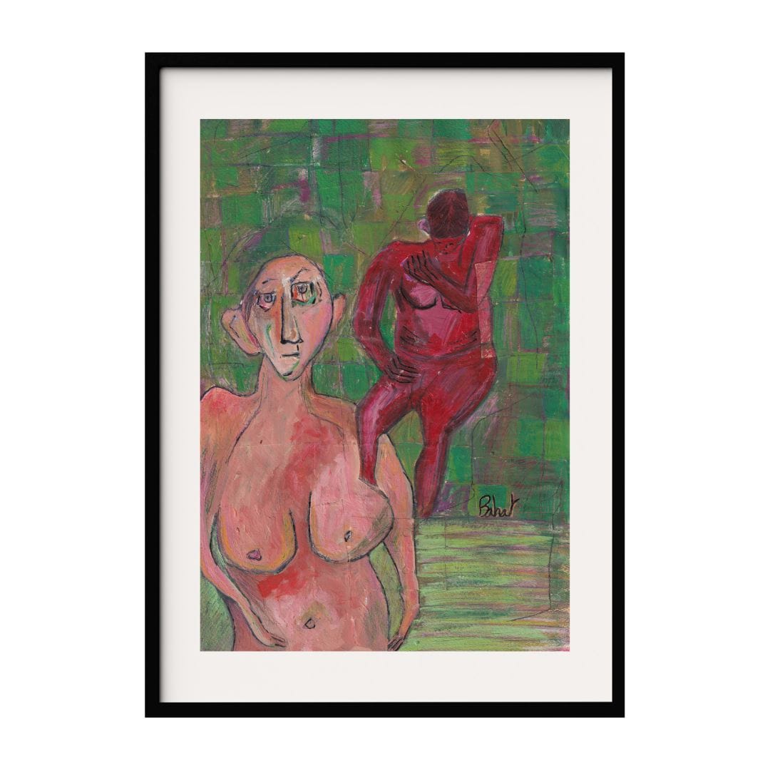 This abstract expressionist artwork features two figures depicted in vibrant, warm tones against a textured green background. The bold use of color and abstract forms creates a sense of emotional depth and connection between the figures.