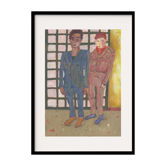 This artwork depicts two men standing against a checkered backdrop. One of them is dressed in a blue coat and brown shoes. The other, slightly behind, wears a reddish-brown outfit with a scarf. The contrasting colors create a dynamic interaction.