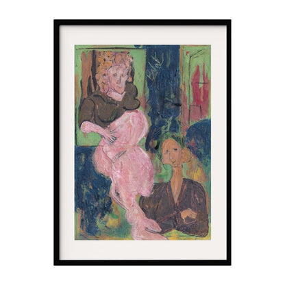 A textured painting depicting two women in a layered, abstract environment. The interplay of vibrant and muted colors creates a dynamic composition, capturing a sense of emotional depth. The figures convey a narrative of connection and interaction.