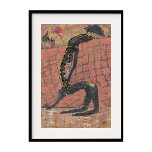 A mixed media artwork featuring an abstract figure in a dynamic pose against a vivid, textured background. The figure, adorned with intricate beadwork, evokes themes of movement, making this piece a bold addition to any contemporary art collection.