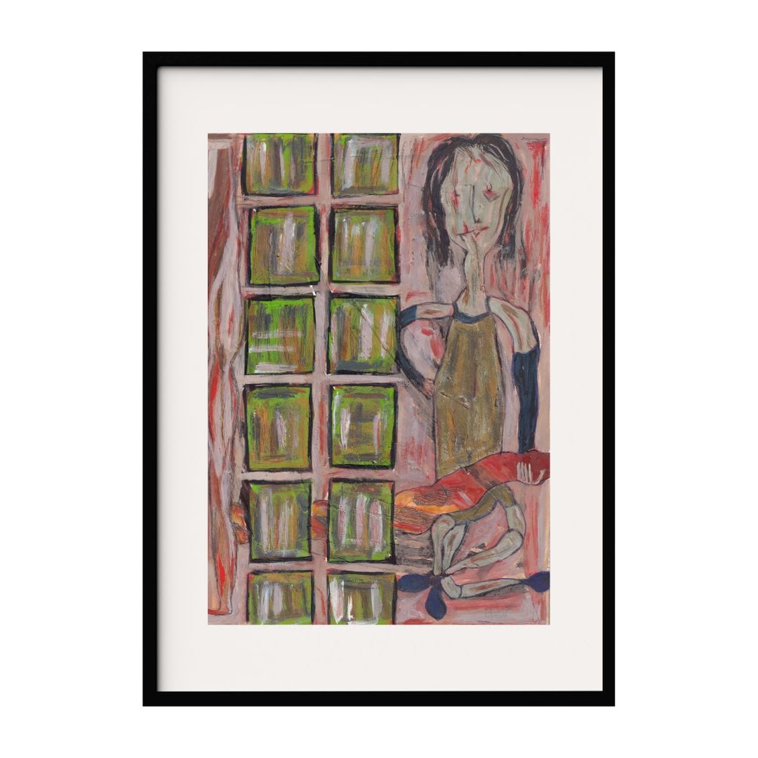 This painting features a person beside a grid-like structure with green and brown hues. The abstract lines and shapes create a sense of depth and dimension. Figure's elongated form and contemplative pose add to the mysterious nature of the artwork.