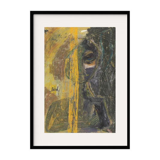 This abstract expressionist style artwork features a shadowy figure partially obscured by vibrant streaks of yellow. The contrast between light and dark elements creates a dramatic effect, drawing the viewer into a world of mystery and contemplation.