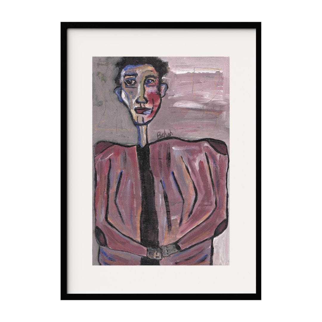 A portrait of a man with an elongated neck and striking facial features. The use of muted and earthy tones creates a somber and reflective mood. The abstract style of the man's clothing adds to the overall mysterious of the artwork.