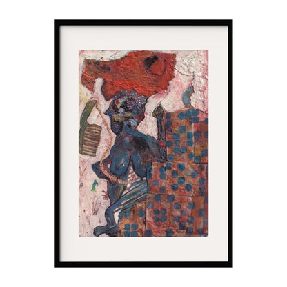 This artwork features a dynamic composition with a prominent blue figure set against a vibrant red and blue checkered background. The abstract style and textured surface add depth and intrigue, with the figure's pose suggesting movement and energy.