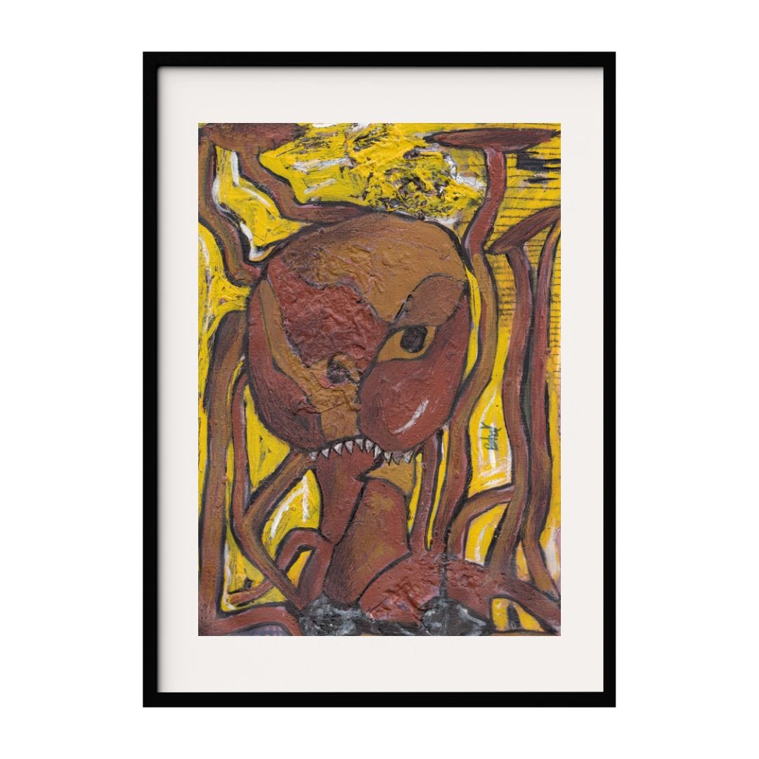 This artwork presents an abstract octopus against a bold yellow background. The figure, with its textured, reddish-brown form and sharp, angular lines, exudes a sense of raw emotion and intensity. This artwork is in expressionist style.