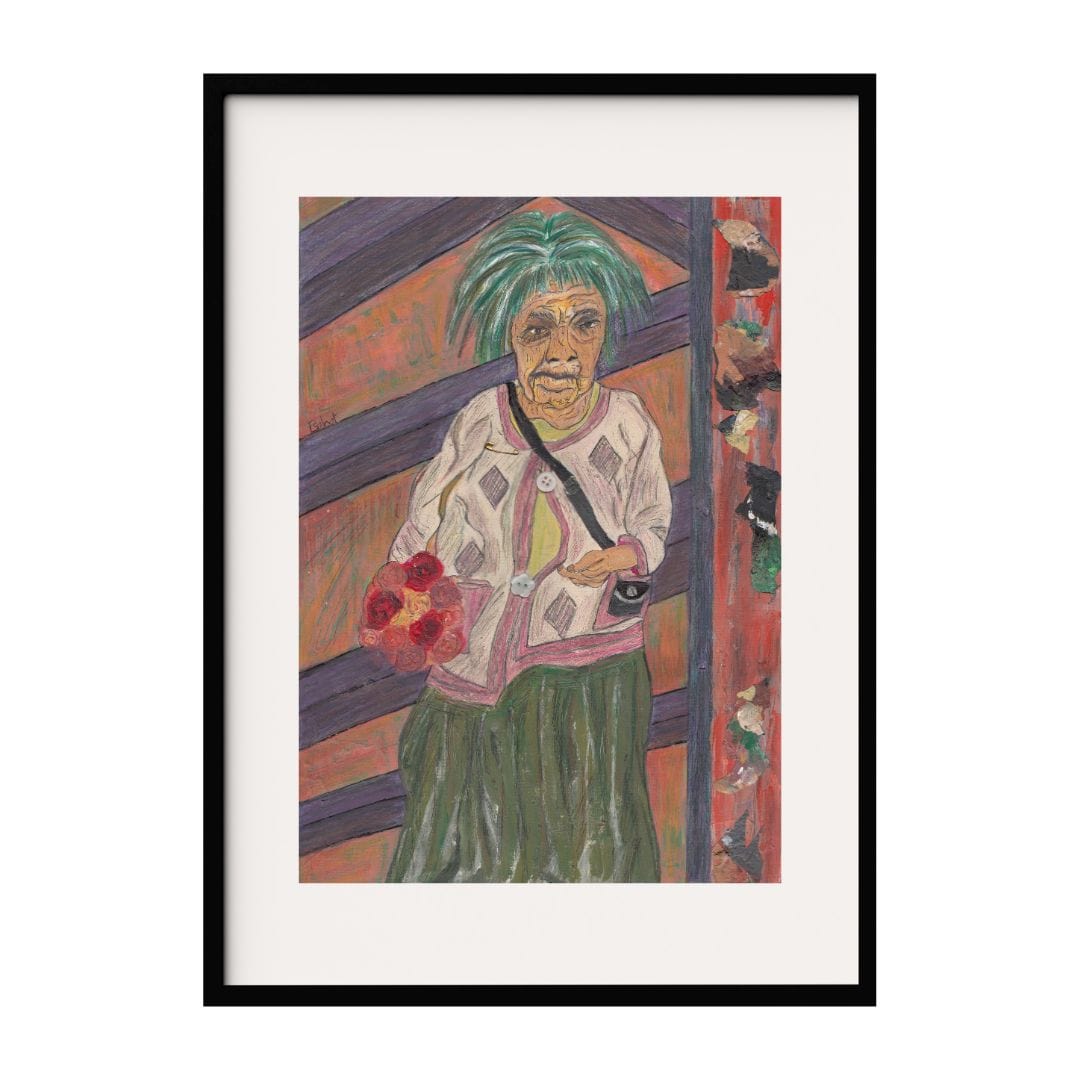 This artwork depicts an elder lady holding a bouquet of red flowers. The woman’s expression and posture evoke a sense of introspection. The background, with its geometric patterns and rich colors, enhances the overall emotional resonance of the art.