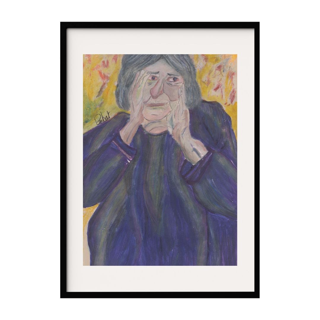 A mixed media painting of an elderly woman in deep contemplation, with hands framing their face. The expressive use of color and textured background highlight the subject’s introspective gaze, creating a powerful narrative of reflection and emotion.