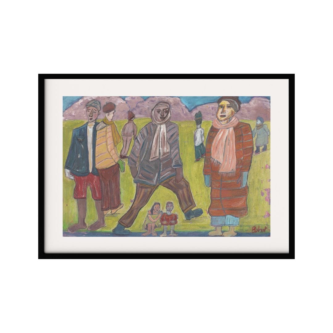 This artwork portrays a group of people dressed in winter attire, depicted in an abstract, expressionism and whimsical style. The characters are shown walking and standing in a grassy field with mountains in the background.