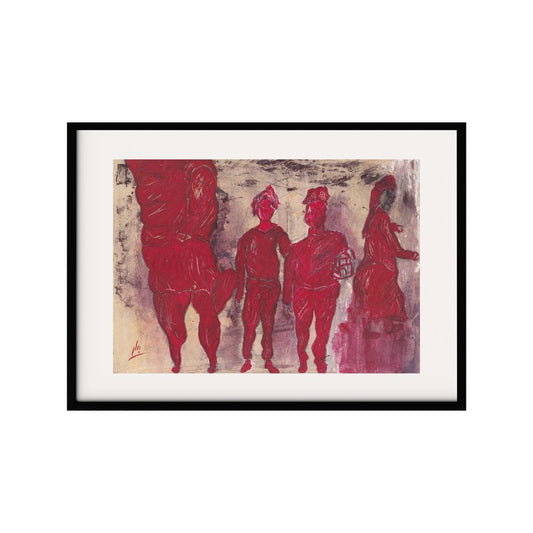 This art features a group of people in bold red tones, set against a muted background. The use of strong colors and textured brushstrokes creates a sense of depth. The composition invites viewers to explore the dynamic interactions within the scene.