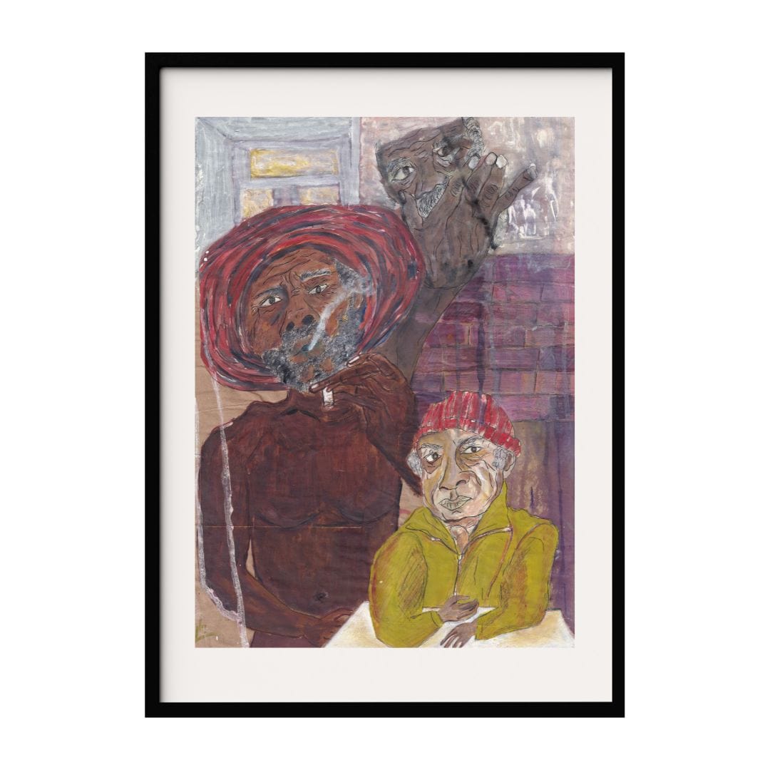 A mixed media painting featuring three elderly figures in colorful hats, set against a textured urban background. Their expressive faces convey deep emotion and experience, creating a narrative rich with history and connection.