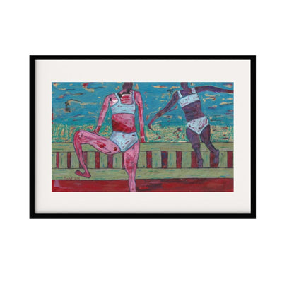 This abstract artwork captures the dynamic movement of two figures in bikini in expressive poses, set against a colorful and textured background. The use of red and blue tones creates a striking contrast, evoking a sense of energy and playfulness.