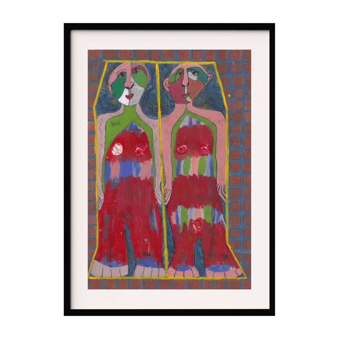 This artwork features two abstract female figures standing side by side, adorned in vibrant, multi-colored dresses. The unique, stylized forms of the figures and the playful color scheme evoke a sense of harmony and duality.