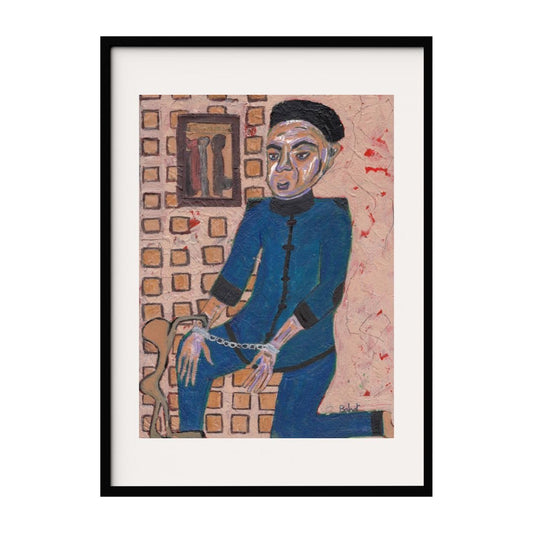 This painting captures a man in a blue uniform kneeling, with hands bound by chains. The background features a tiled pattern with muted earth tones and abstract elements, including red splatters. The expression of the man conveys a sense of anguish.