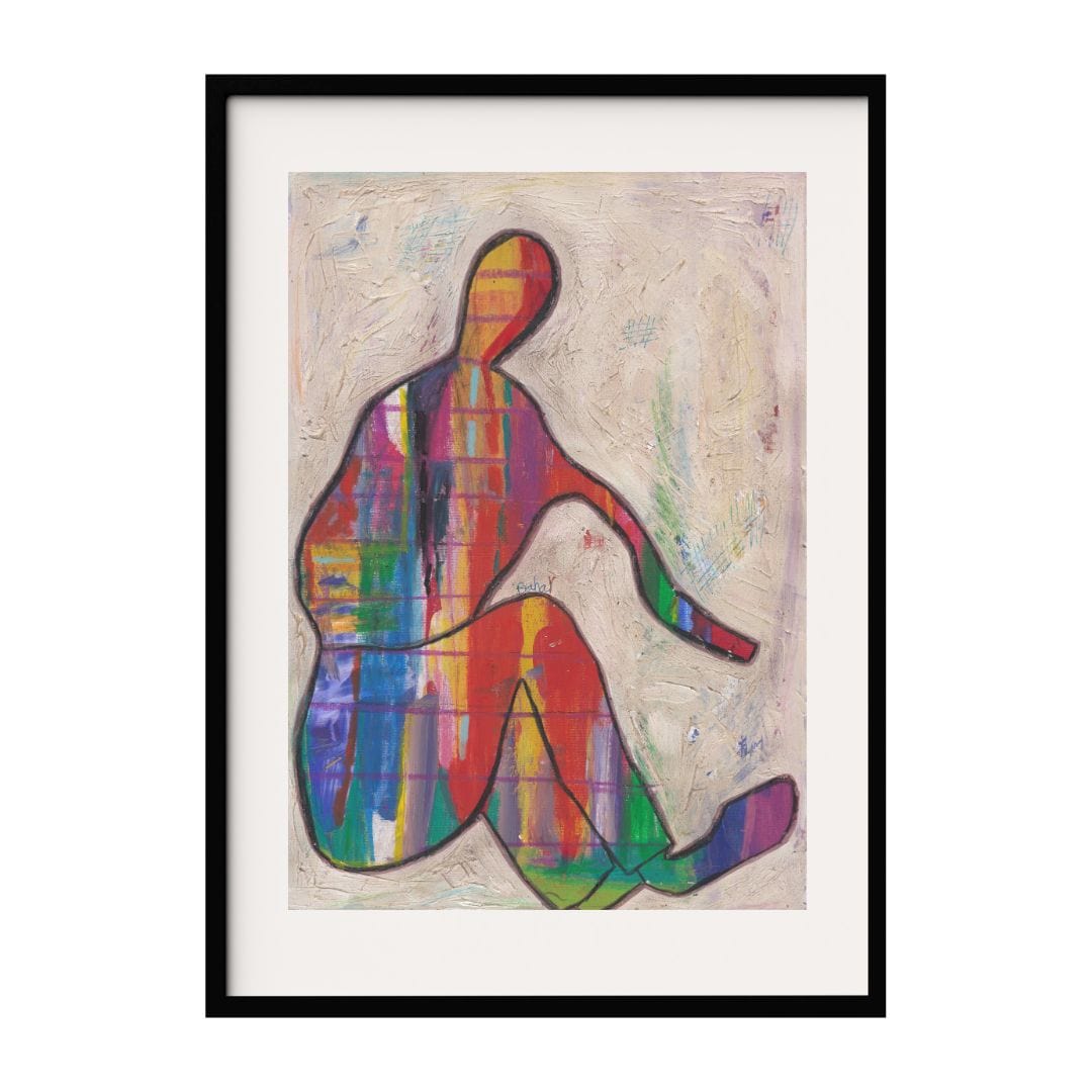 This vibrant and abstract artwork showcases a silhouette of a figure filled with a spectrum of colors. The colorful pattern contrasts with the textured, muted background, creating a dynamic art that symbolizes gay pride diversity and queer community.