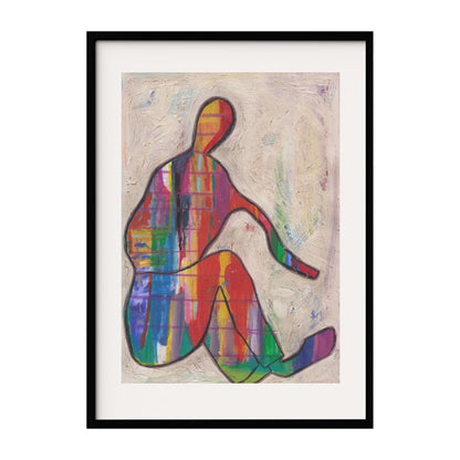 This vibrant and abstract artwork showcases a silhouette of a figure filled with a spectrum of colors. The colorful pattern contrasts with the textured, muted background, creating a dynamic art that symbolizes gay pride diversity and queer community.