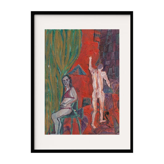 This artwork features two figures in contrasting poses. The pregnant woman sits, while the guy stands with an arm raised, blending into the vivid red and green background. The textured brushstrokes and abstract forms create an intense atmosphere.