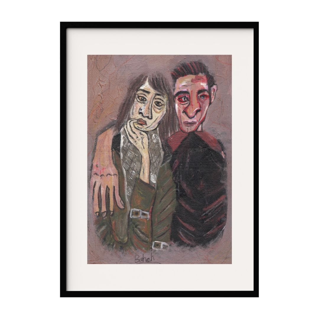 An abstract painting depicting two partners with expressive faces, close together in an intimate pose. The use of muted tones and textured strokes conveys a sense of emotional depth and connection, capturing a moment of shared contemplation.