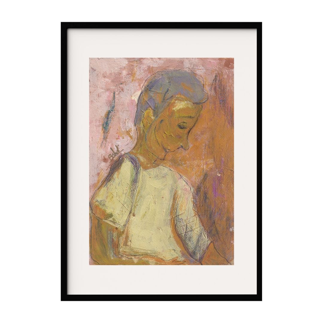 A contemplative man with a serene expression rendered in soft warm hues. The background blends pink and orange tones, adding depth and a gentle contrast. The simplicity of the subject and the subtlety of the colors create an introspective atmosphere.