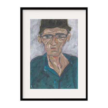 This expressive portrait captures a man with glasses, a serious expression, and deep lines on his face, hinting at a life filled with experiences. The blue tones of his shirt contrast with neutral background, emphasizing the his contemplative gaze.