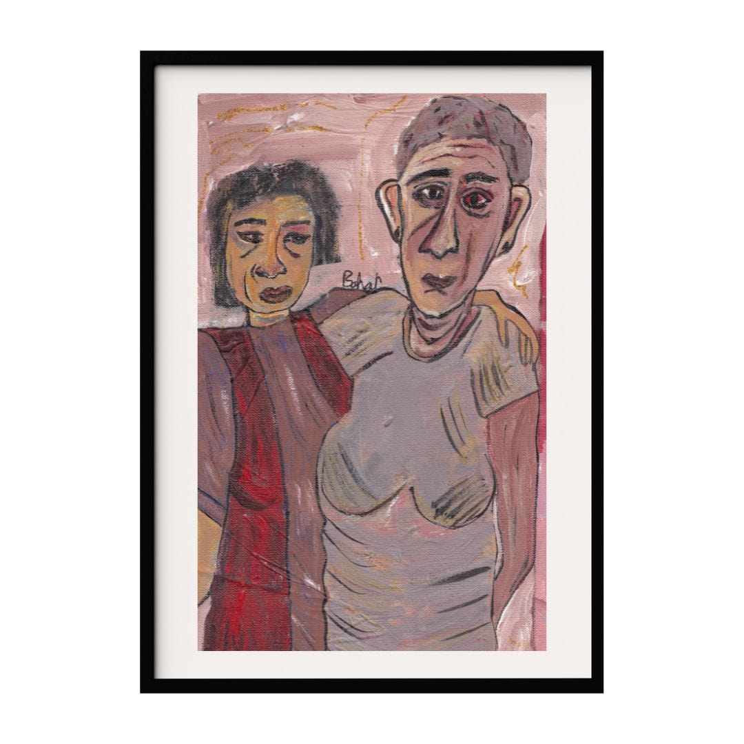 This artwork portrays a close-up of two individuals, their expressions and body language conveying a sense of intimacy and shared experience. The textured background add a layer of depth and warmth, highlighting the emotional connection between them.