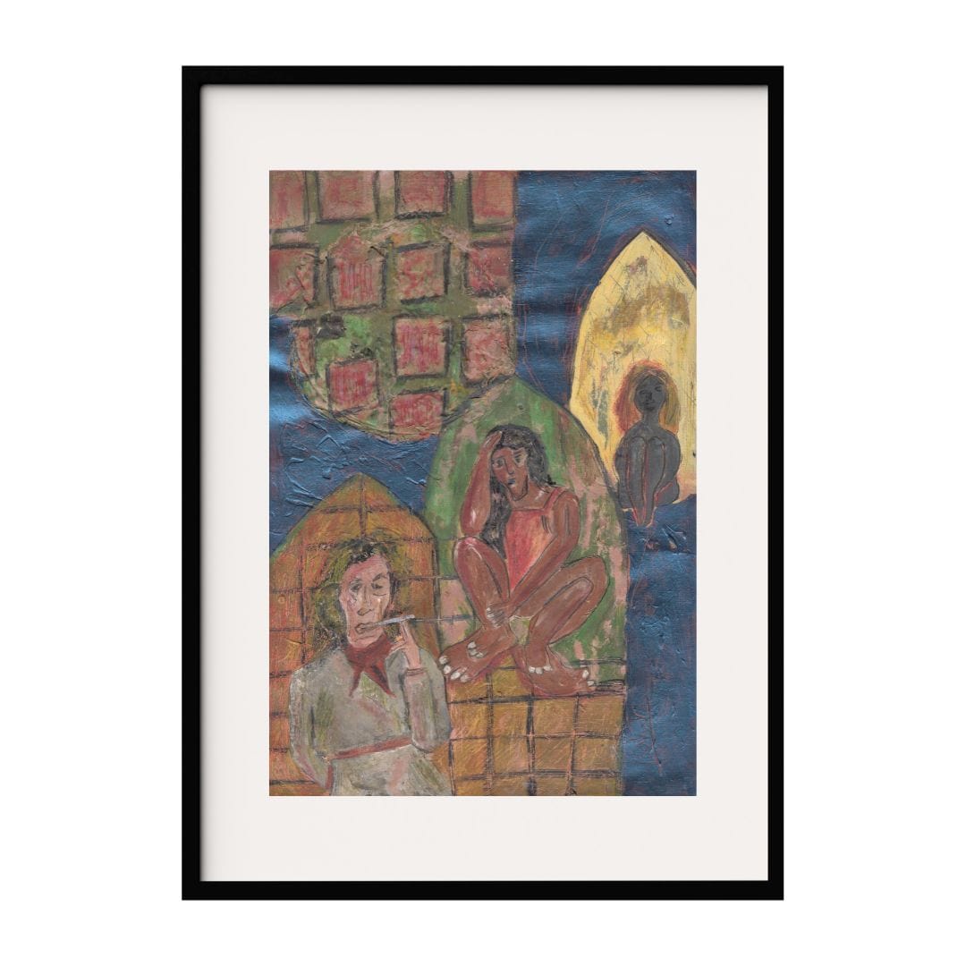 A mixed media painting depicting three figures in a colorful, textured background. One figure smokes contemplatively, while another crouches in deep thought, and a third is shadowed in the background. The intricate textures create a scene of emotion.