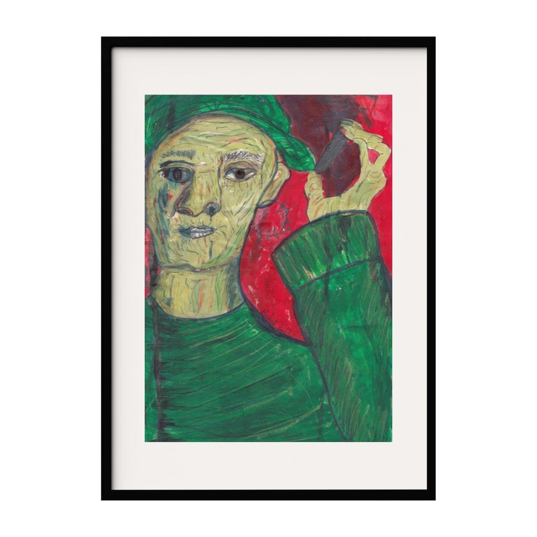 This painting features a soldier in a green hat and clothes, holding a bullet to the side of his face. The man's facial expression is intense, with exaggerated features that convey a sense of contemplation. The textured background is red.