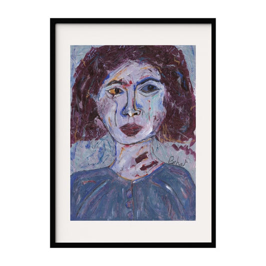 This expressive portrait features a woman with a striking gaze, rendered in bold, textured brushstrokes. The use of deep purples and blues creates a moody, introspective atmosphere, while the intricate details convey an abstract sense of emotion.