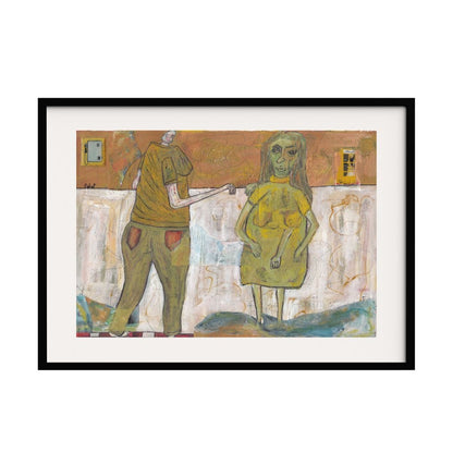 A mixed media artwork featuring two abstract figures in a surreal setting. The piece uses textured layers to create a sense of depth and emotion. Perfect for modern interiors, this expressionist piece invites viewers to explore its hidden narratives.