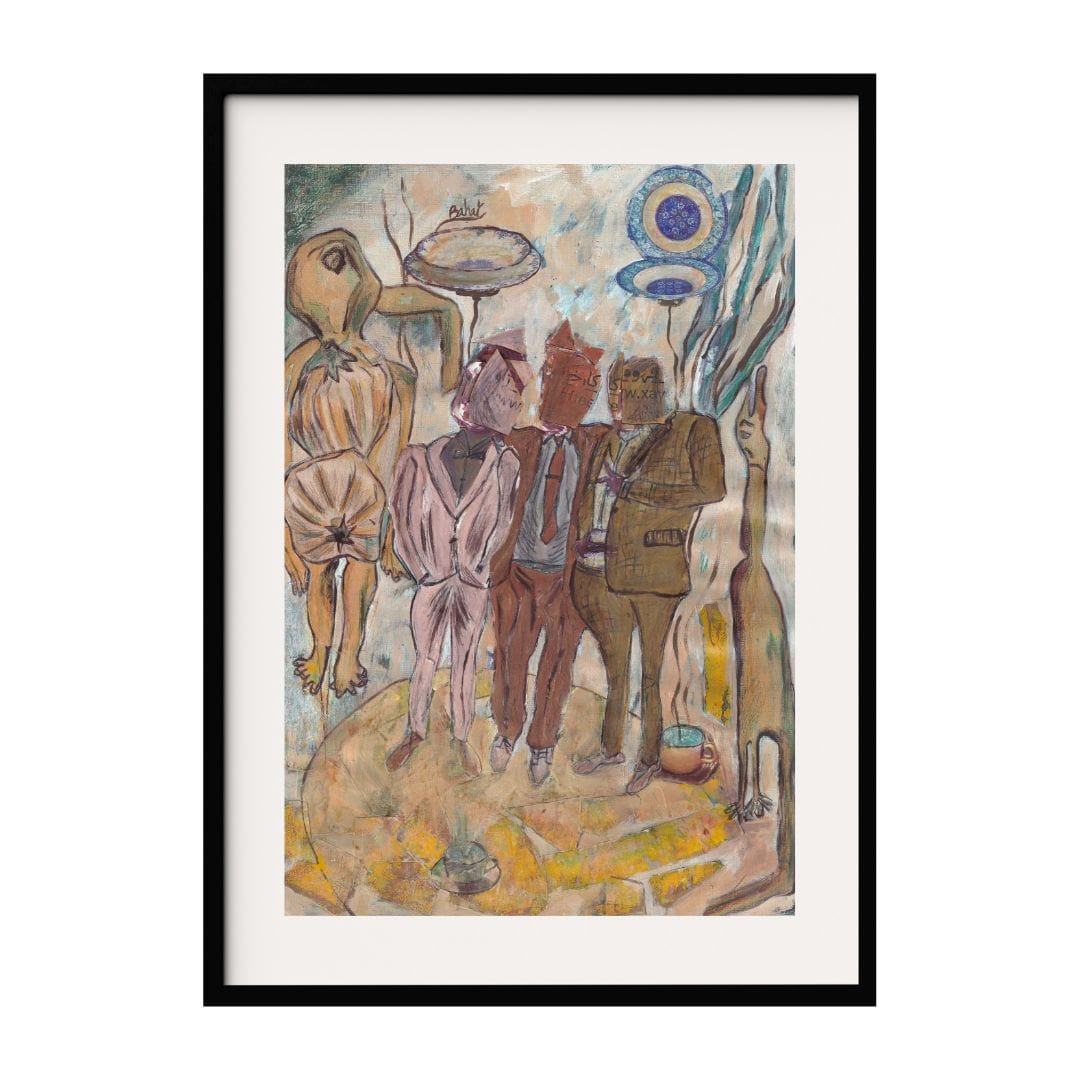 This expressionist art portrays a group of abstract masked figures engaged in a mysterious gathering. The mix of earthy and muted tones with surreal elements, such as floating objects and exaggerated forms, creates a captivating scene.