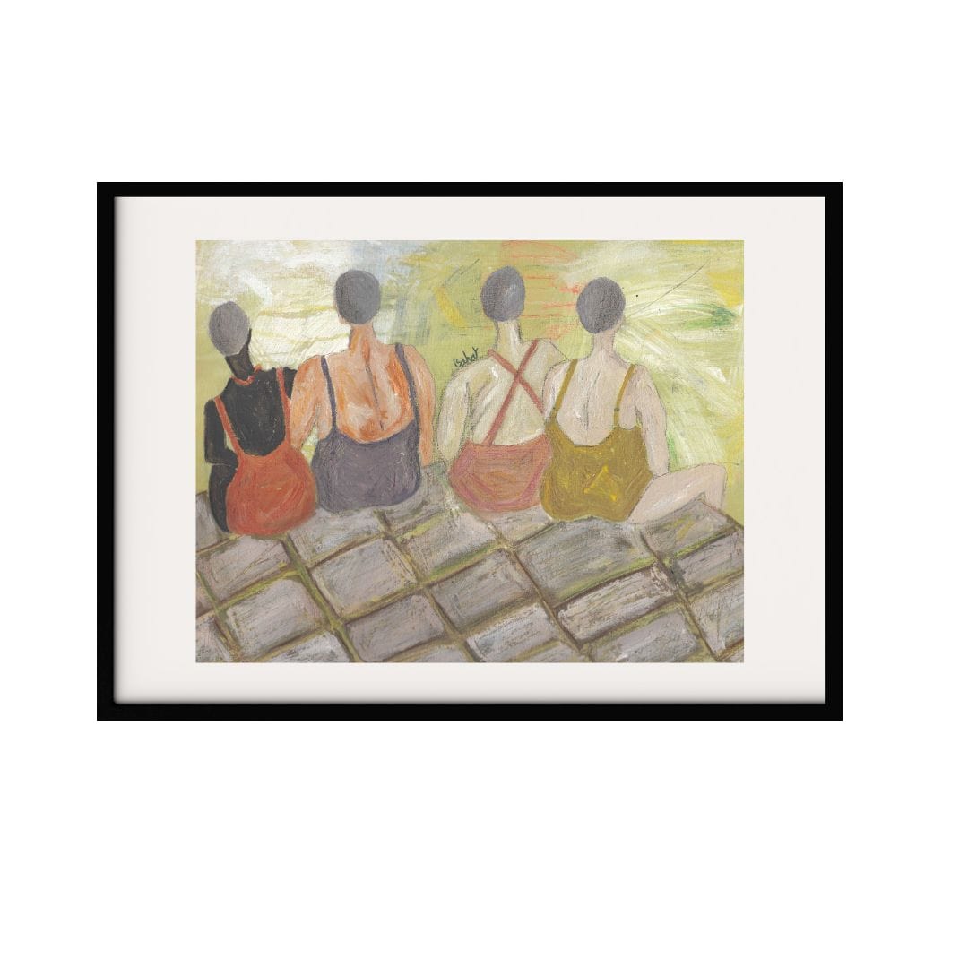 A surreal depiction of four figures sitting together, captured in a moment of companionship. The use of soft, muted colors and textured strokes adds depth and warmth to the piece. This contemporary artwork brings a sense of togetherness and nostalgia.